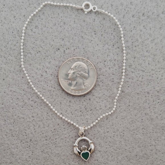 Anklet 925 Sterling Silver Chain and Claddagh Charm with Green Jade - Picture 1 of 1